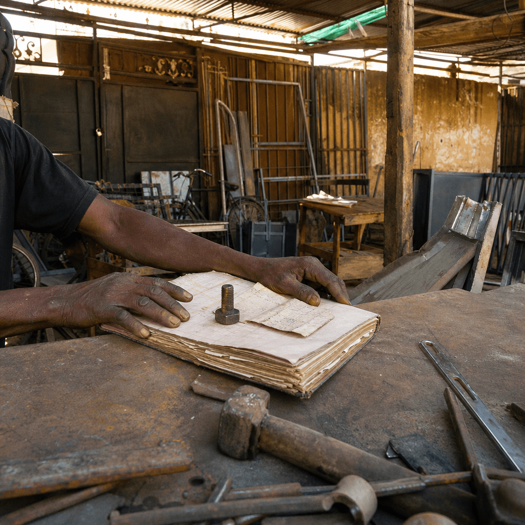 Atelier de métallerie à Porto-Novo : les mains d’un artisan posées sur un registre, sur un plan de travail.