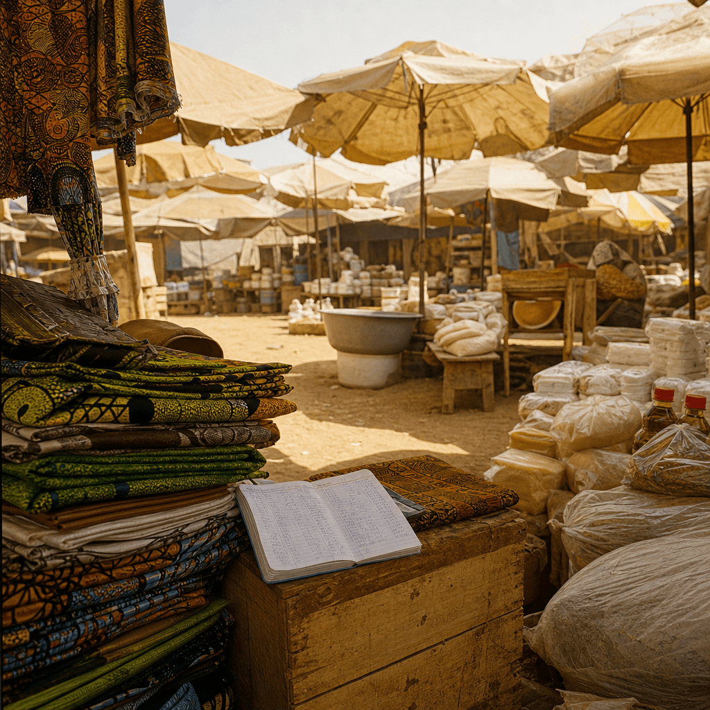 Étal de tissus et de provisions dans un marché de Cotonou, avec un cahier de comptes posé sur une caisse.