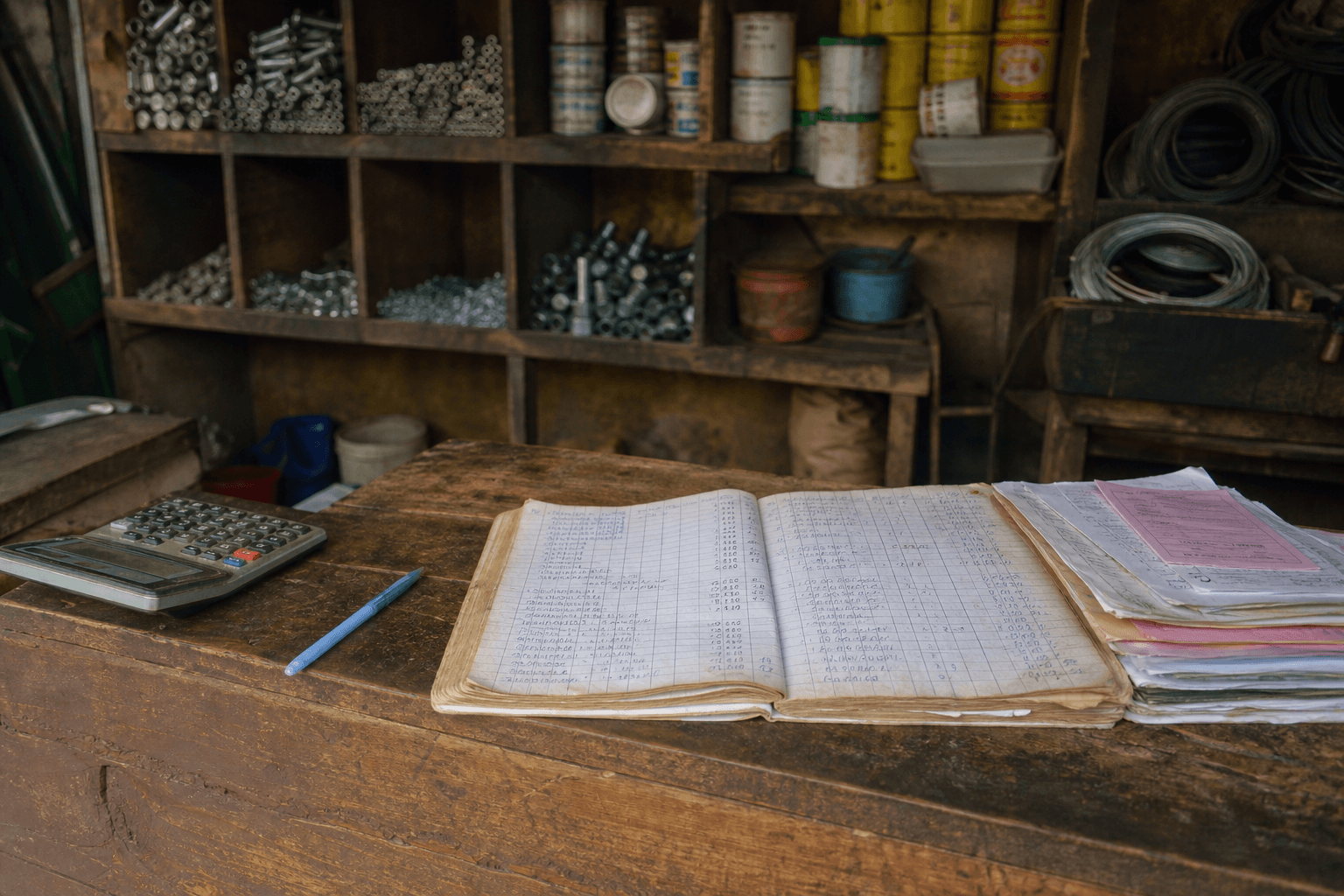 Comptoir d’une quincaillerie à Cotonou : un cahier de comptes ouvert, une calculatrice et une liasse de factures.